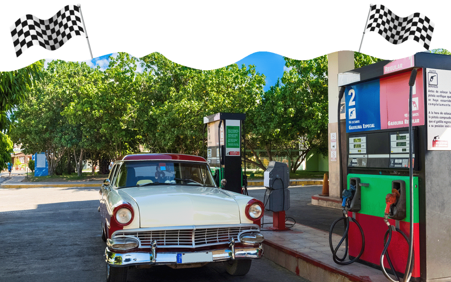 Holberg Pitstop Garage Gas Station photo with checkered flags accent