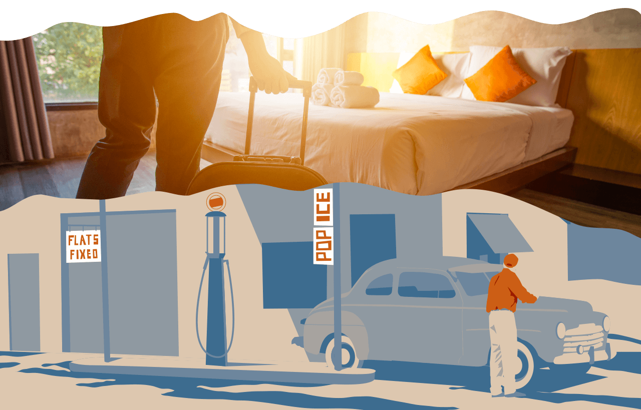 Image of guest room in Holberg Pitstop room with sun shining in on the top and Image of Old School gas station repair shop on the bottom