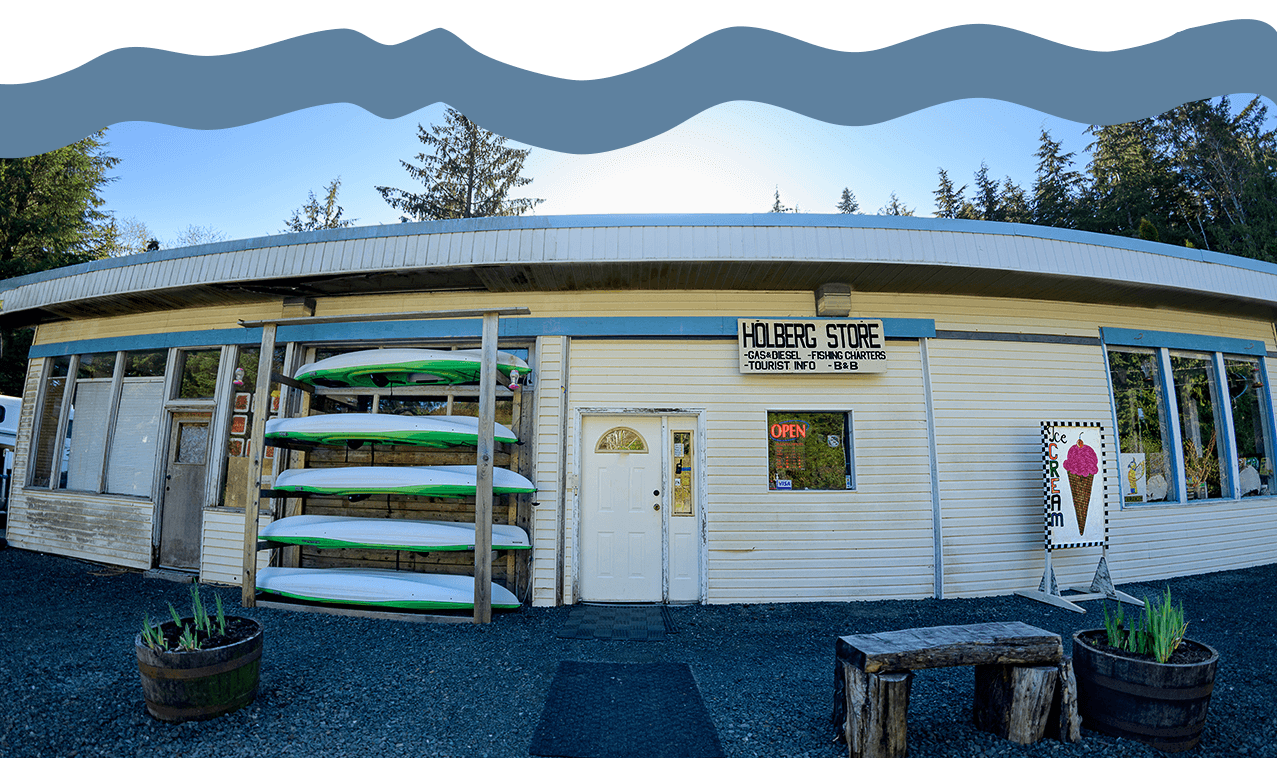 Holberg Pitstop entrance photo with blue accent at the top