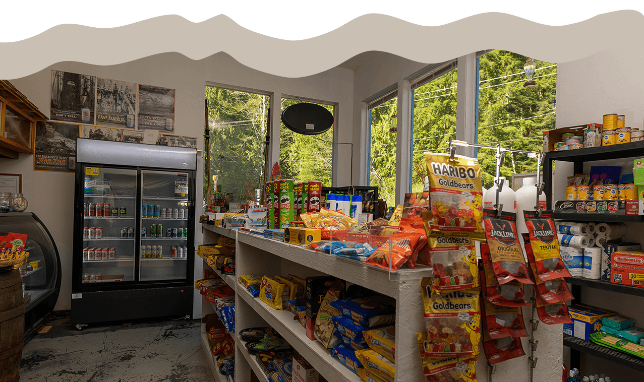 Holberg Pitstop general store products with beige accent at the top