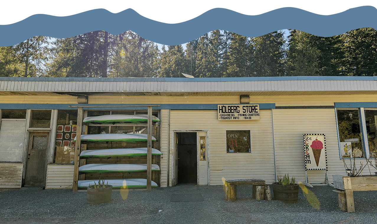 Holberg Pitstop entrance with blue accent at the top