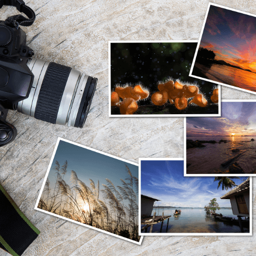 Photo of camera and postcards