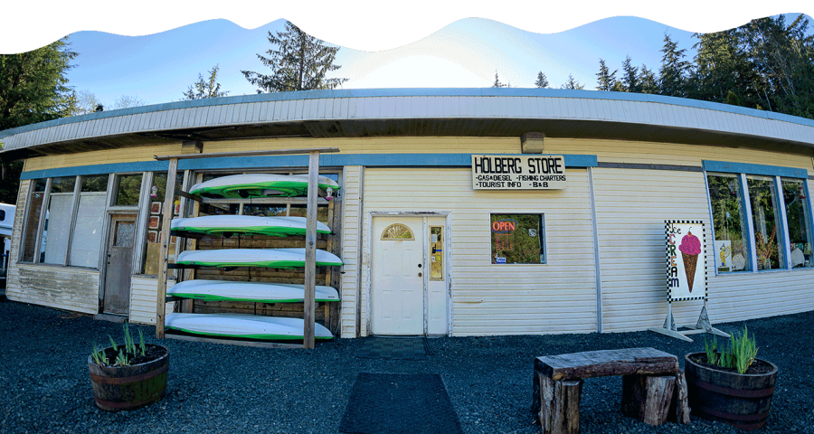 Holberg Pitstop entrance photo with blue accent at the top